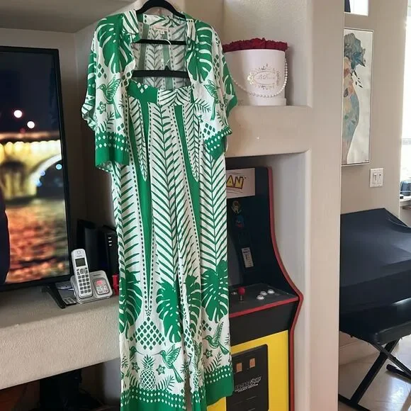 NWT Coord Set Sunburst Kiss White/Green Wide Pants Tropical Palm Print SET - Picture 6 of 8